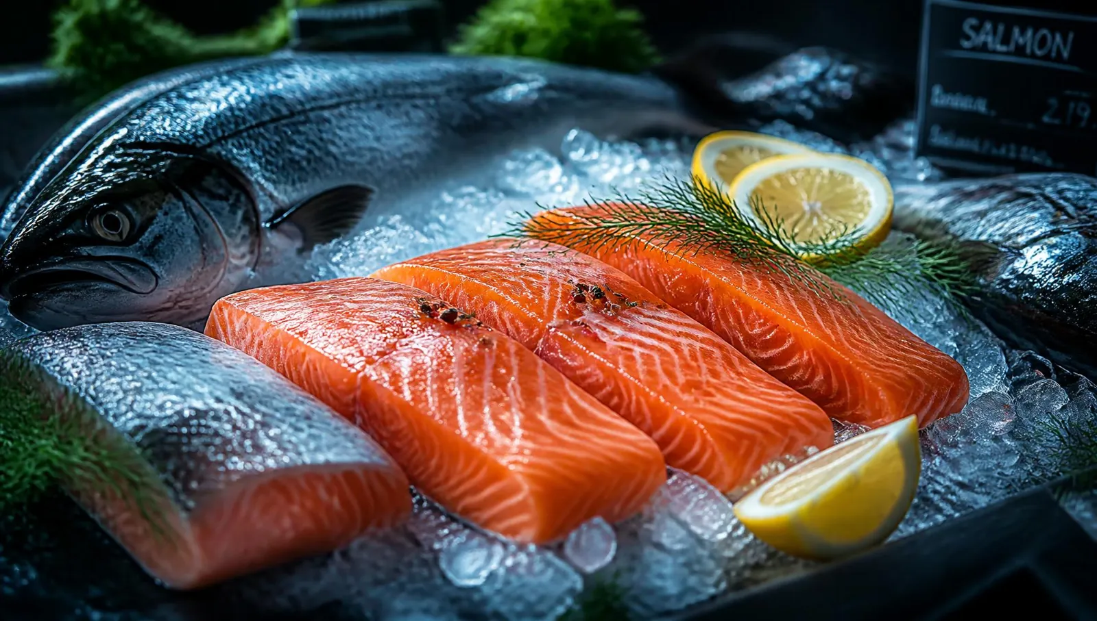 Filés de salmão fresco sobre gelo em bancada de peixaria artesanal